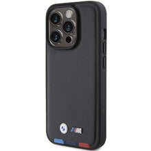 Заредете изображение във визуализатора на галерията – BMW BMHCP15L22PTDK iPhone 15 Pro 6.1" black/black Leather Stamp Tricolor
