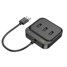 Заредете изображение във визуализатора на галерията – HOCO adapter HUB 4in1 USB to USB2.0*3+RJ45 100 Mbps Ethernet 0,2m HB35 black
