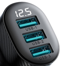 Заредете изображение във визуализатора на галерията – Joyroom JR-CCD03 3.4A car charger with 3x USB-A display - black
