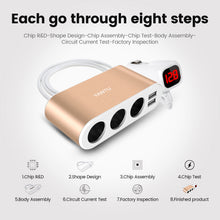 Заредете изображение във визуализатора на галерията – Car Cigarette Lighter Socket Splitter B08 - 3 sockets + 2xUSB - 3,1A 120W with display and cable gold
