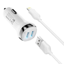 Заредете изображение във визуализатора на галерията – HOCO car charger 2x USB A + cable USB A to iPhone Lightning 8-pin 2,4A Z40 white
