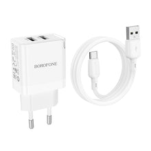 Заредете изображение във визуализатора на галерията – Borofone Wall charger BN15 Strong - 2xUSB - 2,1A with USB to Type C cable white
