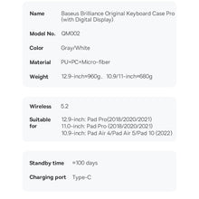 Заредете изображение във визуализатора на галерията – Baseus Brilliance bluetooth keyboard case iPad Pro 11'' (2018) / iPad Air 4 10.9'' / iPad Air 5 10.9'' / iPad 10 10.9'' (2022) magnetic flip stand gray
