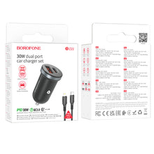 Заредете изображение във визуализатора на галерията – Borofone Car charger BZ22 Scenery - USB + Type C - QC 3.0 PD 30W with Type C to Lightning cable black

