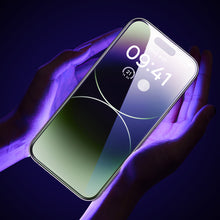Заредете изображение във визуализатора на галерията – Baseus Full Screen Tempered Glass for iPhone 14 Pro Max with Anti Blue Light Filter and 0.3mm Speaker Cover + Mounting Frame
