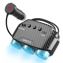 Заредете изображение във визуализатора на галерията – Car Cigarette Lighter Socket Splitter LM21 - 3 sockets + USB + Type C - QC 3.0 PD 3A 122W with display and cable
