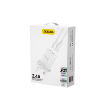 Заредете изображение във визуализатора на галерията – Dudao wall charger with UK plug (Great Britain) 2xUSB-A 2.4A white + USB-A cable - microUSB 1m

