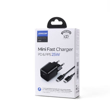 Заредете изображение във визуализатора на галерията – Joyroom small fast charger USB Type C PD 25W EU plug black + USB Type C - USB Type C cable (L-P251) - TopMag
