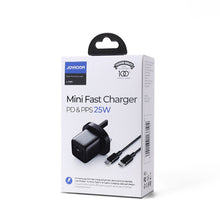 Заредете изображение във визуализатора на галерията – Joyroom small fast charger USB Type C PD 25W UK plug black + USB Type C - USB Type C cable (L-P251) - TopMag
