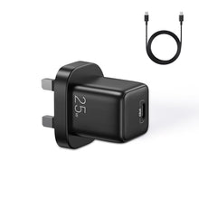 Заредете изображение във визуализатора на галерията – Joyroom small fast charger USB Type C PD 25W UK plug black + USB Type C - USB Type C cable (L-P251) - TopMag
