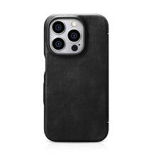 Заредете изображение във визуализатора на галерията – MagSafe Compatible Leather Flip Case for iPhone 15 Pro iCarer Curved Edge Oil Wax Real Leather Folio Case - Black
