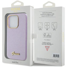 Заредете изображение във визуализатора на галерията – Guess Glitter Glossy Script case for iPhone 15 Pro Max - lilac
