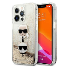 Заредете изображение във визуализатора на галерията – Karl Lagerfeld KLHCP13LKICGLD iPhone 13 Pro / 13 6,1" złoty/gold hardcase Liquid Glitter Karl&amp;Choupette Head - TopMag
