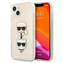 Заредете изображение във визуализатора на галерията – Karl Lagerfeld KLHCP13SKCTUGLGO iPhone 13 mini 5,4" złoty/gold hardcase Glitter Karl`s &amp; Choupette - TopMag
