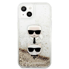 Заредете изображение във визуализатора на галерията – Karl Lagerfeld KLHCP13SKICGLD iPhone 13 mini 5,4" złoty/gold hardcase Liquid Glitter Karl&amp;Choupette Head - TopMag
