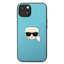 Заредете изображение във визуализатора на галерията – Karl Lagerfeld KLHCP13SPKMB iPhone 13 mini 5,4" niebieski/blue hardcase Leather Ikonik Karl`s Head Metal - TopMag
