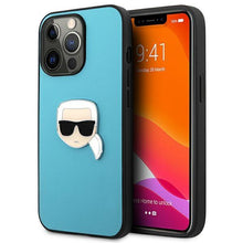 Заредете изображение във визуализатора на галерията – Karl Lagerfeld KLHCP13XPKMB iPhone 13 Pro Max 6,7" niebieski/blue hardcase Leather Ikonik Karl`s Head Metal - TopMag
