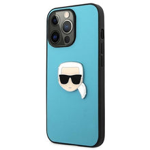 Заредете изображение във визуализатора на галерията – Karl Lagerfeld KLHCP13XPKMB iPhone 13 Pro Max 6,7" niebieski/blue hardcase Leather Ikonik Karl`s Head Metal - TopMag
