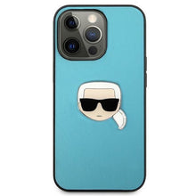 Заредете изображение във визуализатора на галерията – Karl Lagerfeld KLHCP13XPKMB iPhone 13 Pro Max 6,7" niebieski/blue hardcase Leather Ikonik Karl`s Head Metal - TopMag
