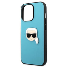 Заредете изображение във визуализатора на галерията – Karl Lagerfeld KLHCP13XPKMB iPhone 13 Pro Max 6,7" niebieski/blue hardcase Leather Ikonik Karl`s Head Metal - TopMag

