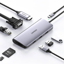 Заредете изображение във визуализатора на галерията – Ugreen 9in1 multifunctional HUB USB 3.2 Gen. 1 HDMI (4K @ 60Hz) VGA (Full HD @ 60Hz) Ethernet TF / SD PD card reader 100W USB Type C PD gray (CM179) - TopMag
