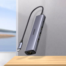 Заредете изображение във визуализатора на галерията – Ugreen multifunctional adapter HUB USB Type C - 3 x USB / Ethernet RJ-45 / USB Type C PD gray (CM475) - TopMag

