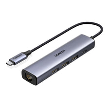 Заредете изображение във визуализатора на галерията – Ugreen multifunctional adapter HUB USB Type C - 3 x USB / Ethernet RJ-45 / USB Type C PD gray (CM475) - TopMag
