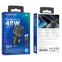 Заредете изображение във визуализатора на галерията – Borofone Car charger BZ21 Brilliant - USB + Type C - QC 3.0 PD 48W with Type C to Type C cable black
