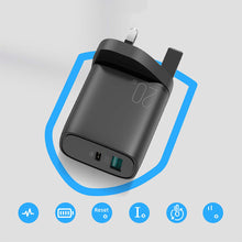 Заредете изображение във визуализатора на галерията – Joyroom fast UK wall charger USB Type C + USB 20W PD QC3.0 black (L-QP2011) + USB Type C - Lightning cable 1m (S-M006)
