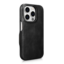 Заредете изображение във визуализатора на галерията – MagSafe Compatible Leather Flip Case for iPhone 15 Pro iCarer Curved Edge Oil Wax Real Leather Folio Case - Black
