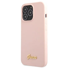 Заредете изображение във визуализатора на галерията – Guess GUHCP13XLSLMGLP iPhone 13 Pro Max 6.7" light pink/light pink hardcase Silicone Script Gold Logo
