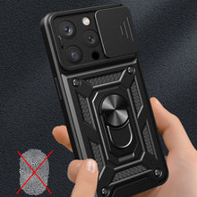Заредете изображение във визуализатора на галерията – Hybrid Armor Camshield case with stand and camera cover for iPhone 15 Pro - black
