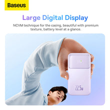 Заредете изображение във визуализатора на галерията – Baseus Comet Series powerbank with display 20000mAh 22.5W - purple + USB-A - USB-C 0.3m cable - white
