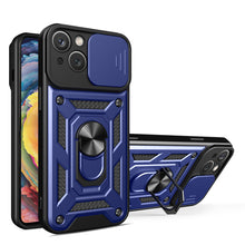 Заредете изображение във визуализатора на галерията – Hybrid Armor Camshield Case with Stand and Camera Cover for iPhone 15 Plus - Blue
