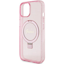 Заредете изображение във визуализатора на галерията – Original faceplate case GUESS GUHMP15SHRSGSP for iPhone 15 Plus (Magsafe / Glitter Script Logo / Ring stand / pink)
