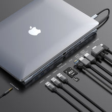 Заредете изображение във визуализатора на галерията – Baseus Enjoyment MacBook / notebook stand HUB USB Typ C PD / VGA / HDMI / RJ45 / USB 3.0 / SD, TF, micro SD card reader Dark for MacBook / PC gray (CATSX-G0G)
