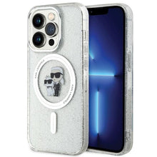 Заредете изображение във визуализатора на галерията – Original Pouch KARL LAGERFELD hardcase Karl&amp;Choupette Glitter MagSafe KLHMP14LHGKCNOT for Iphone 14 Pro transparent
