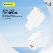 Заредете изображение във визуализатора на галерията – Foneng Wall charger EU42 GaN - USB + Type C - PD 20W 3A with Type C to Type C cable white
