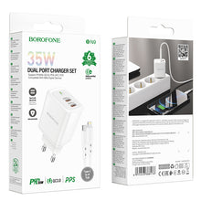 Заредете изображение във визуализатора на галерията – Borofone Wall charger BN9 Reacher - 2xType C - QC 3.0 PD 35W with Type C to Lightning cable white
