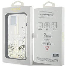 Заредете изображение във визуализатора на галерията – Original faceplate case GUESS GUHCP15MLFCSEGT for iPhone 15 Plus (Liquid Glitter Gold Stripes / transparent)
