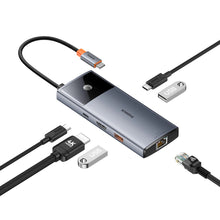 Заредете изображение във визуализатора на галерията – USB HUB 6in1 Baseus Metal Gleam Series II USB-A/USB-C/USB-C PD/HDMI/RJ45/SD/TF - black
