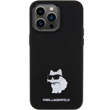 Заредете изображение във визуализатора на галерията – Karl Lagerfeld Silicone Choupette Metal Pin case for iPhone 15 Pro Max - black
