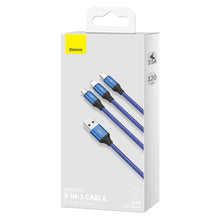 Заредете изображение във визуализатора на галерията – Baseus Rapid 3in1 USB cable - USB Type C / Lightning / micro USB for charging and data transfer 1.2m blue (CAJS000003) - TopMag
