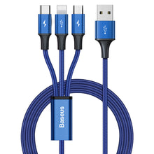 Заредете изображение във визуализатора на галерията – Baseus Rapid 3in1 USB cable - USB Type C / Lightning / micro USB for charging and data transfer 1.2m blue (CAJS000003) - TopMag
