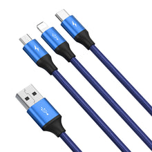 Заредете изображение във визуализатора на галерията – Baseus Rapid 3in1 USB cable - USB Type C / Lightning / micro USB for charging and data transfer 1.2m blue (CAJS000003) - TopMag
