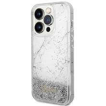 Заредете изображение във визуализатора на галерията – Original Case GUESS Liquid Glitter Marble GUHCP14LLCSGSGH for Iphone 14 Pro white
