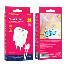 Заредете изображение във визуализатора на галерията – Borofone Wall charger BN15 Strong - 2xUSB - 2,1A with USB to Lightning cable white

