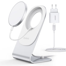 Заредете изображение във визуализатора на галерията – Choetech MagSafe Qi Wireless Charger 15W with Aluminum Stand Silver + PD 20W AC Charger (H047 + Q5004) - TopMag
