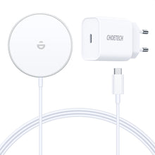 Заредете изображение във визуализатора на галерията – Choetech MagSafe Qi Wireless Charger 15W with Aluminum Stand Silver + PD 20W AC Charger (H047 + Q5004) - TopMag
