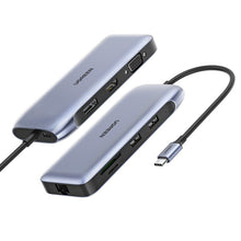 Заредете изображение във визуализатора на галерията – Ugreen multi-functional HUB 9in1 USB Type C - HDMI, DP, VGA, 2 x USB, RJ45 Ethernet, SD / TF card reader, USB Type C PD 100W gray (CM274) - TopMag
